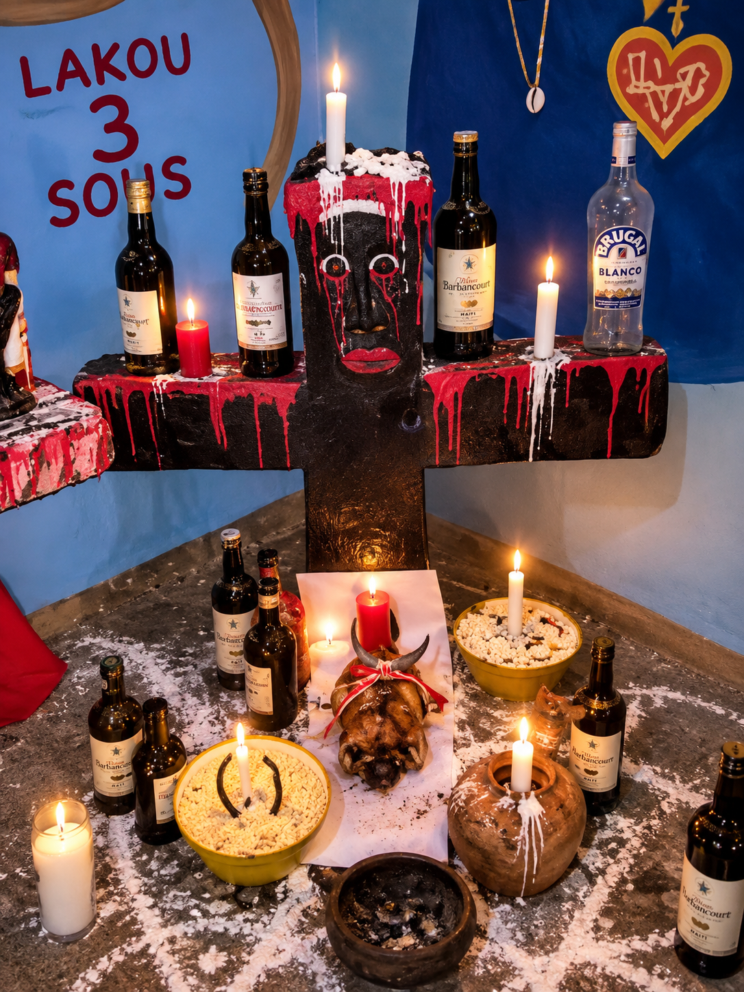 Autel traditionnel avec bougies et offrandes
